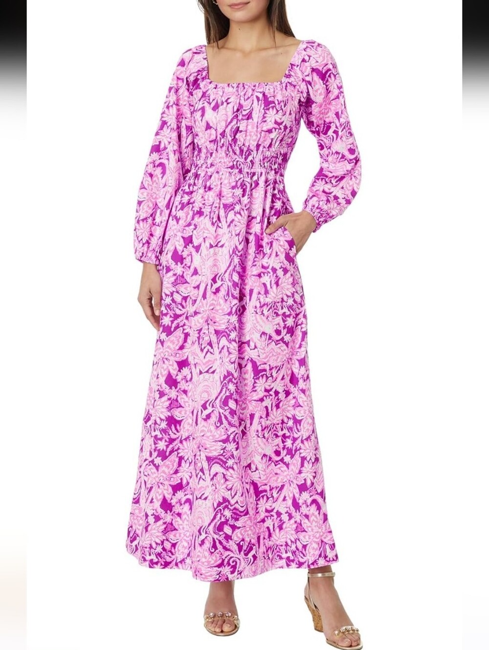 Lilly Pulitzer Pink & Light Pink Floral Square-Neck Maxi Dress Size Small
